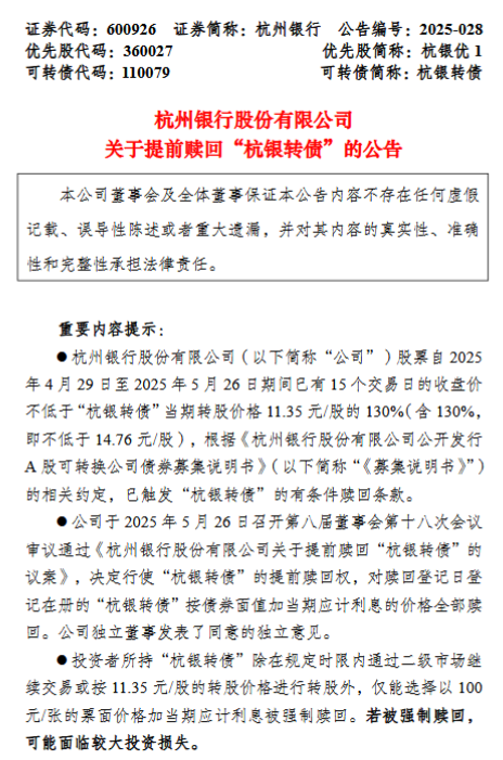 全国股票配资平台 触发赎回条件，杭州银行提前赎回“杭银转债”